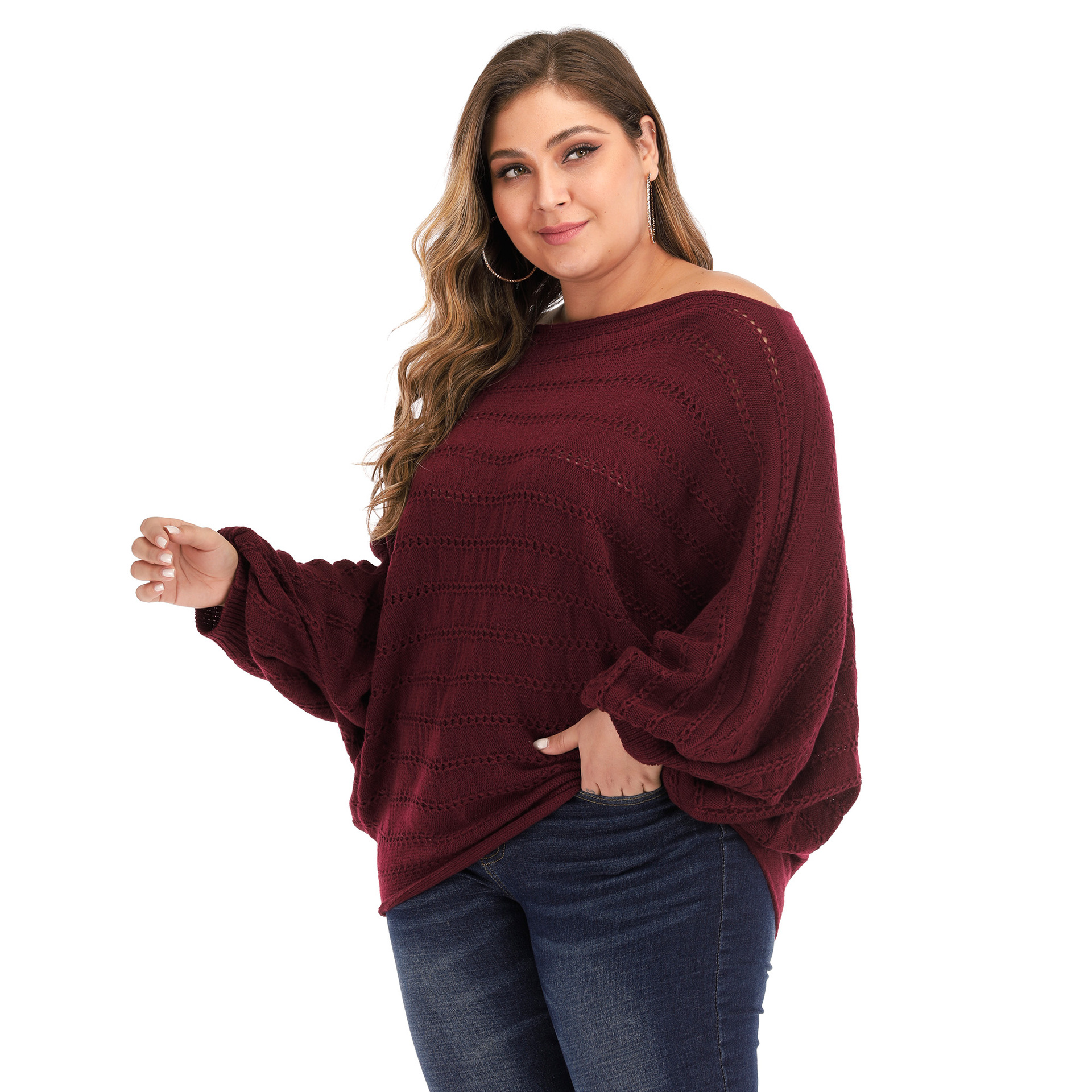 plus size bat-sleeved woven sweater  NSOY26830