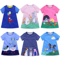 2024 Children's Clothing Short Sleeve Girls' Dress Knitted Cotton Children's Skirt Summer Cartoon Striped Long Dress