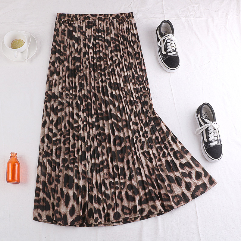 Leopard Pleated Skirt New Korean High Waist Slim Snake Print Medium Length Skirt Women's Skirt