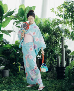 Japanese kimono women’s small pattern formal dress traditional fold placket wear method blue ball chrysanthemum wrinkle 