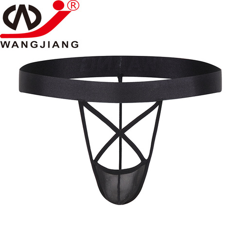 Foreign trade supply love underwear for men, European and American sexy single thong with hollow back, imitation leather mesh men's thong t-pants