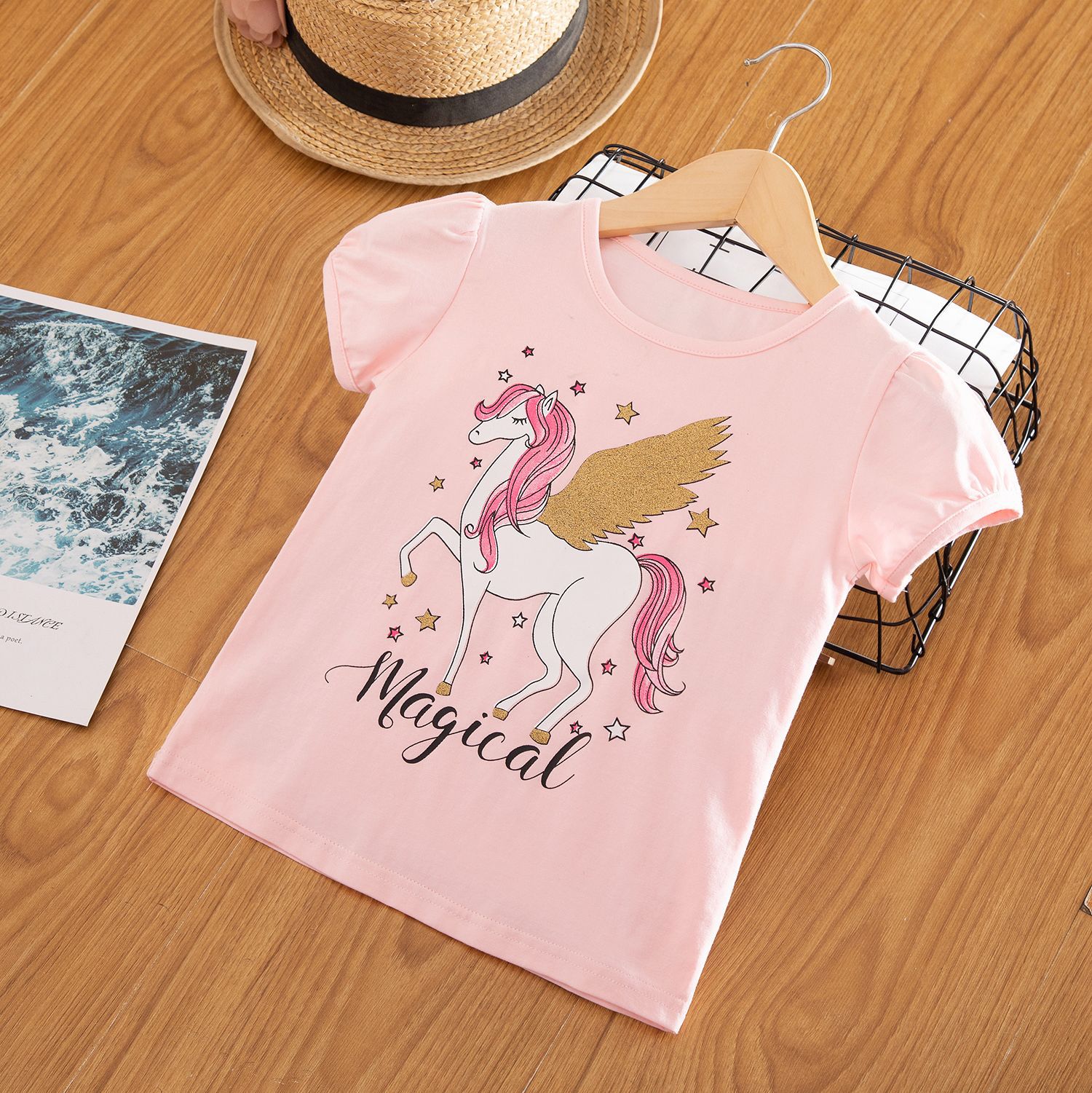 Cross border hot selling ins hot children's wear Amazon / express Unicorn pink t-shirt + color yarn skirt set