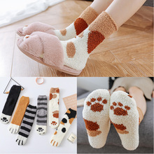 冬季加厚珊瑚絨襪子女可愛貓爪成人睡眠襪加絨保暖地板睡覺女襪
