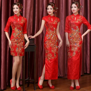 迎宾礼仪旗袍女2025新款改良走秀演出长款红色修身敬酒服新娘结婚