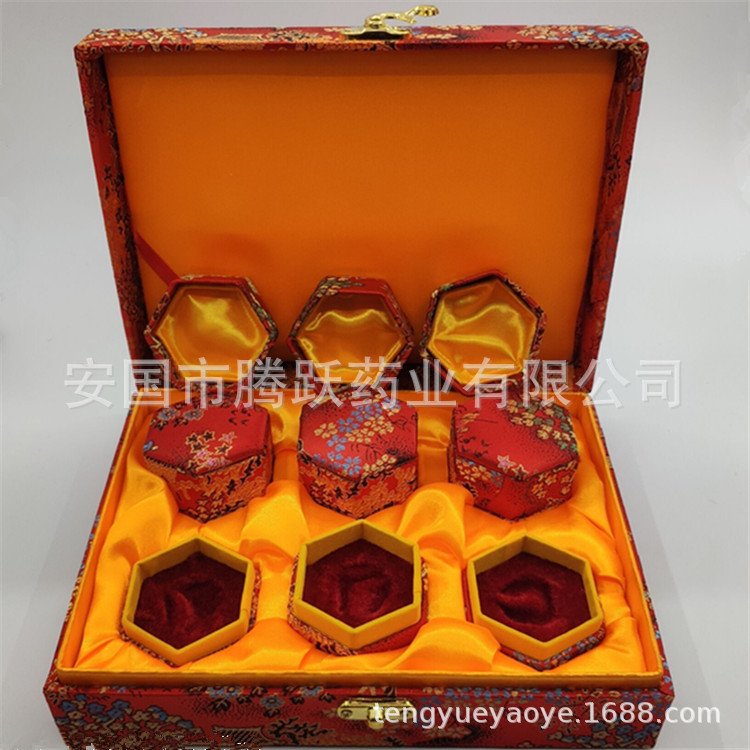 Hexagonal Brocade Gift Box Red Silk Finish for Honey Pills Wax Pills and Jewelry Storage key features