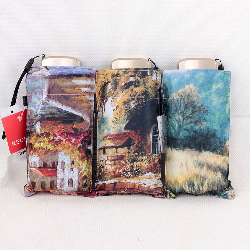 五折小巧口袋扁伞防晒防紫外线遮阳伞风景画晴雨两用折叠伞