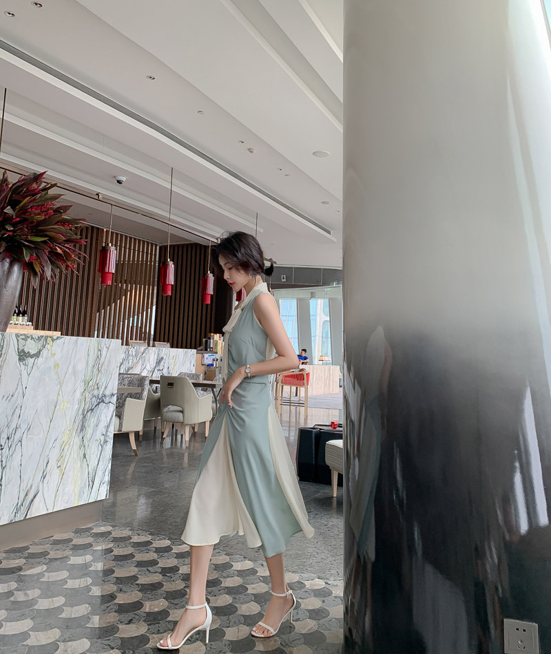 Đầm maxi nữ thắt eo cổ buộc dây xếp ly thanh lịch — Màu xanh lam chi tiết 11