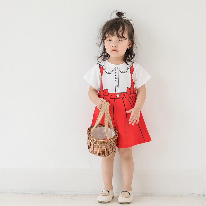 INS夏热销款女童蝴蝶结印花连衣裙儿童纯棉短袖裙A字裙工厂直销|ms