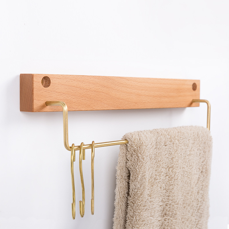 免打孔毛巾架卫生间置物架壁挂实木毛巾单杆浴室毛巾挂全铜浴巾架|ms