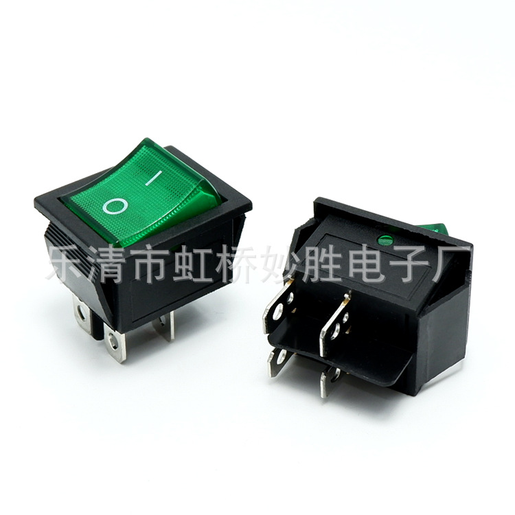 船型开关KCD4-201 翘板开关250V电源开关 4脚2档绿盖带灯船形铜脚