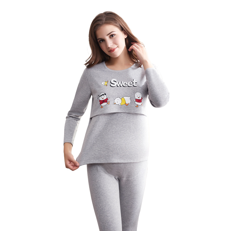 임산부 가을 속옷 슈트 플러스 벨벳 두꺼운 열 속옷 가을과 겨울 산후복 수유복 수유복 잠옷