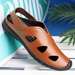 夏季新款爸爸凉鞋头层牛皮男士休闲鞋镂空两用中老年包头洞洞鞋男