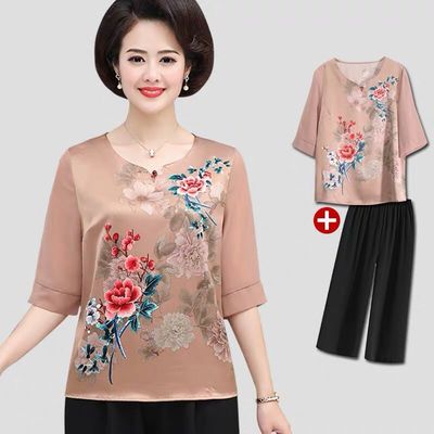 mom summer Short sleeved suit 40-50 Woman Chiffon jacket Western style Middle and old age Summer wear Two piece set