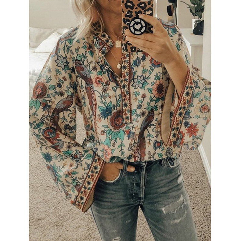 buttons print long sleeve loose top NSKX122428