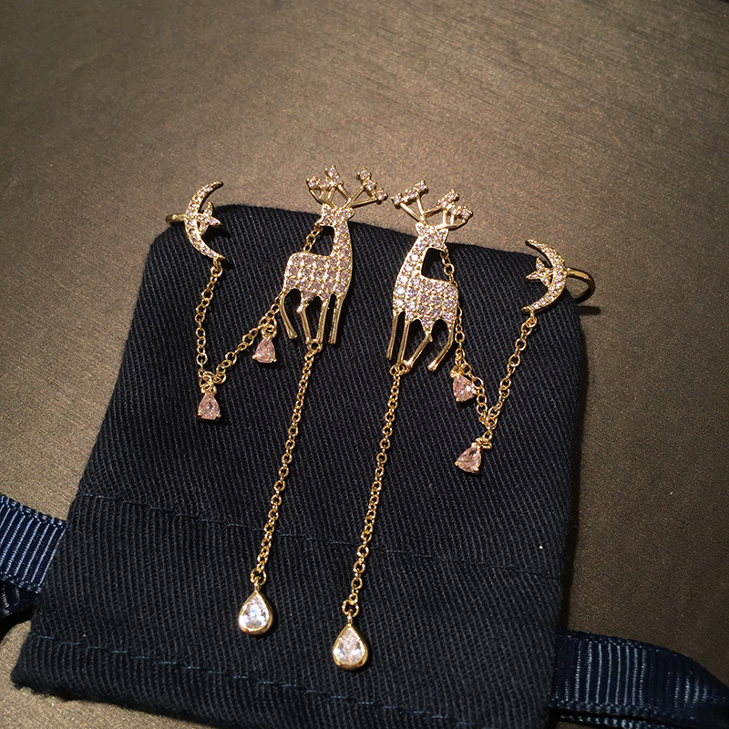 S925 Silver Needle Christmas Deer Long Tassel Earrings Pink Star Moon Ear Bone Clip Earrings display picture 5