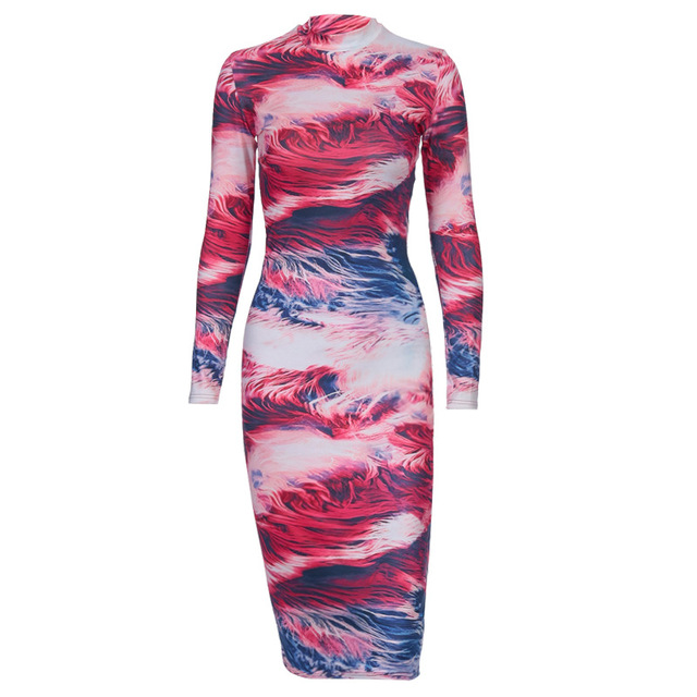 New print long sleeve round neck dress