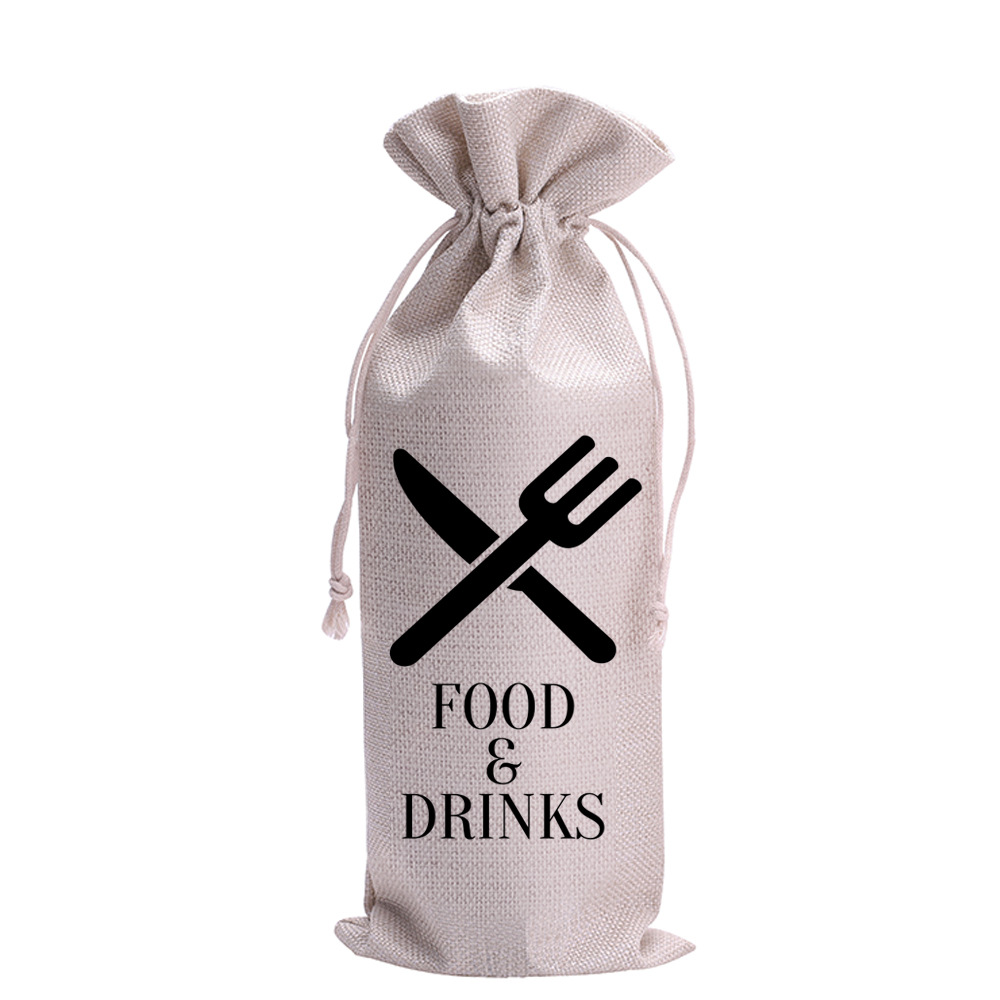 跨境热销 简约茶具印花亚麻包装袋 红酒礼品收纳袋麻束口袋可定制