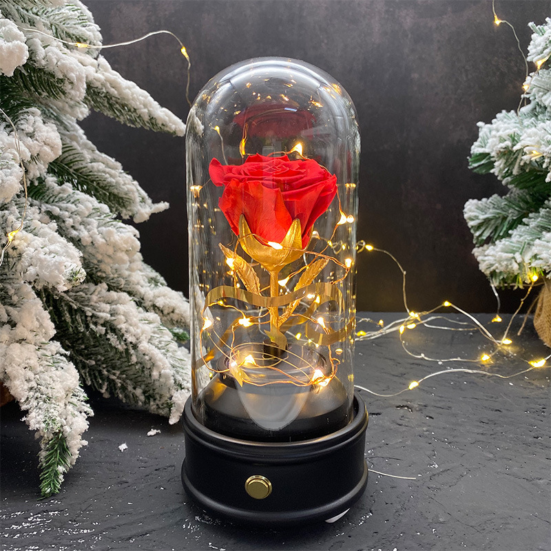 永生花蓝牙音箱 旋转玻璃罩生日情人节礼物 永生保鲜玫瑰花音乐盒|ru