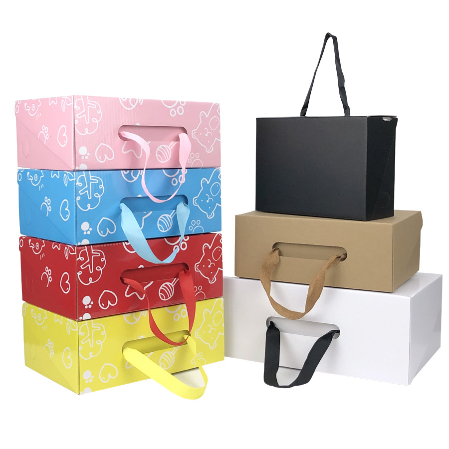 En stock bebé niños caja de zapatos portátil caja de almacenamiento de cartón plegable de papel Kraft caja dura al por mayor caja de color caja de embalaje