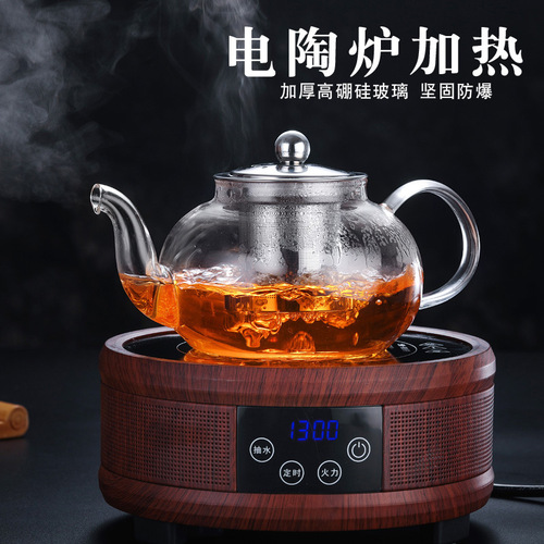 Thickened glass teapot, high temperature resistant stainless steel filter tea maker, household kettle, glass teapot set, tea set