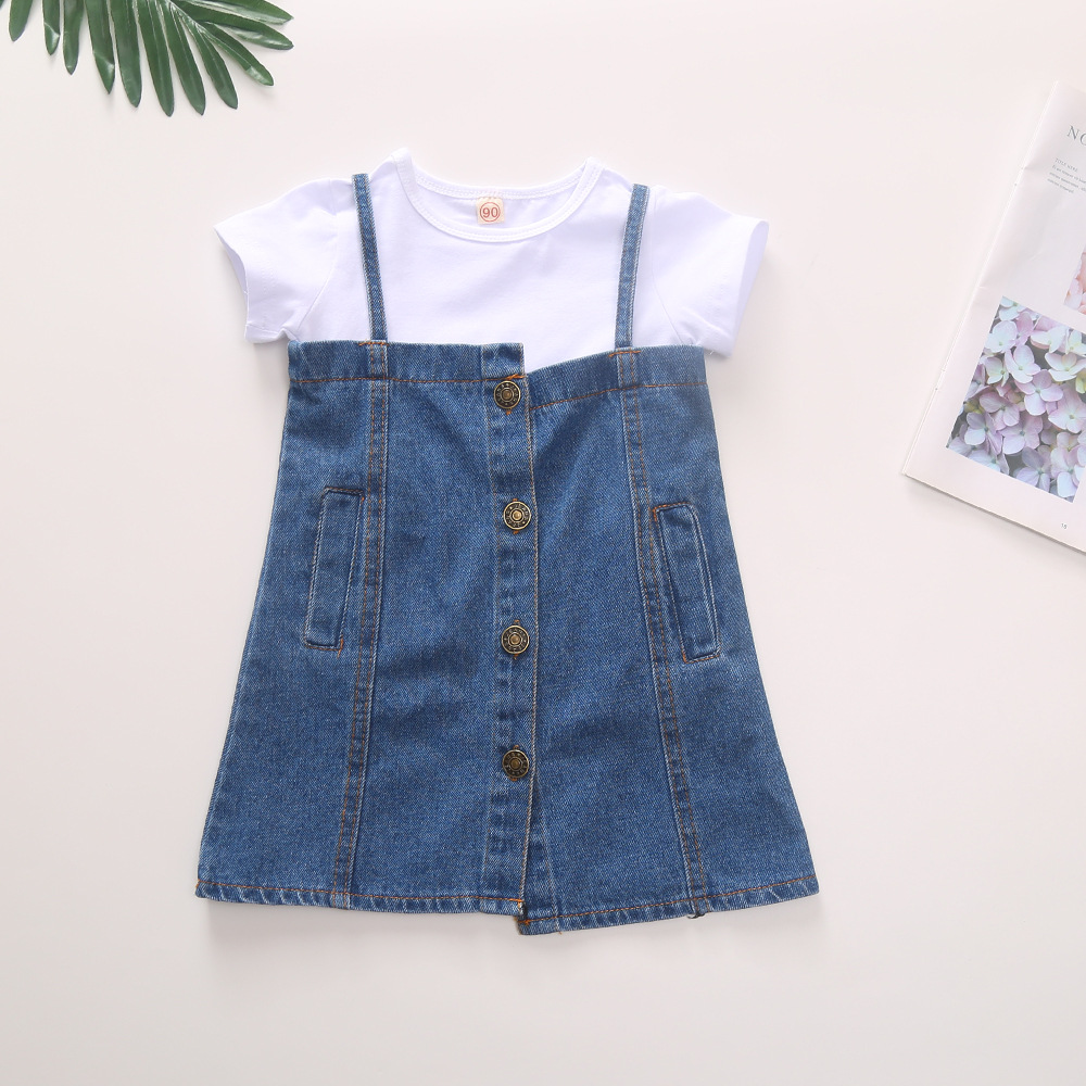 Children's Cotton Pure Color Short Sleeve T-shirt Irregular Denim Sling Skirt Wholesale Nihaojewelry display picture 1