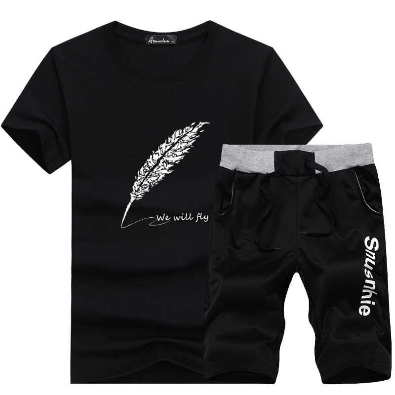 2019 Summer Leisure Tracksuits Printed Korean Slim Round Neck Short Sleeve T-shirt Bottoming Shirt For Men's Sportswear