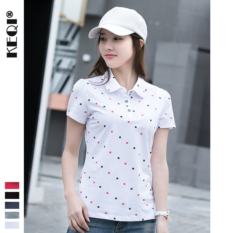 2025 New Short-Sleeved T-Shirt for Women Spring and Summer Lapel Printed Versatile Polo Shirt Casual Lapel Women's Top 2010