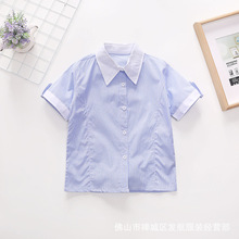 新款短袖白蓝细间条衬衫女童棉单层夏装学生衬衣校服表演服