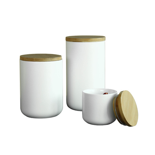 European-style wooden lid ceramic airtight canister kitchen storage jar for grains, food, coffee beans, tea leaves, powdered milk, and sugar.