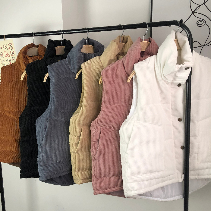 外贸新款秋冬季灯芯绒韩版女装马甲宽松学院风短款纯色外套绒棉衣|ms