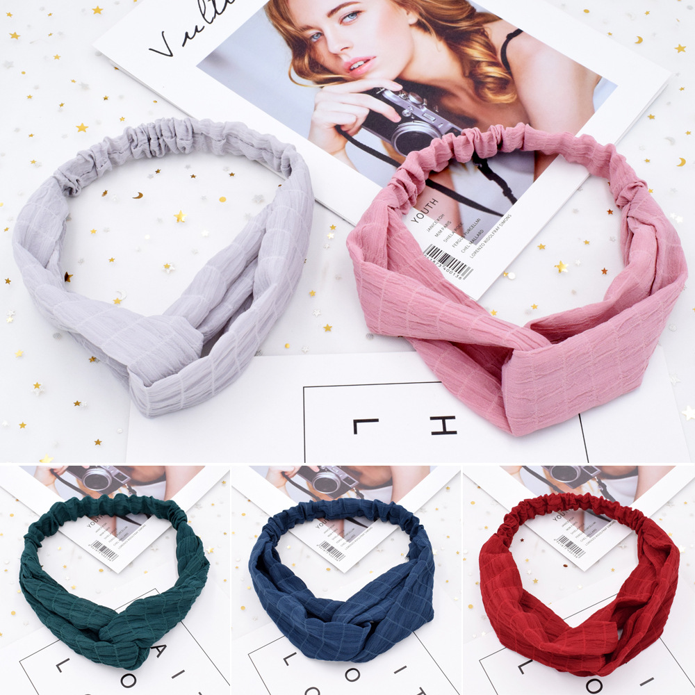 Wrinkled Plaid Korean Simple Elastic Cross Pure Color Fabric Headband Wholesale display picture 1