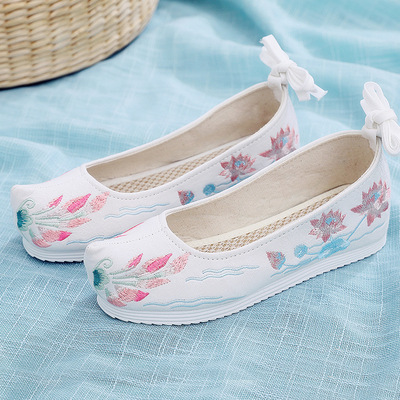 Lotus Hanfu shoes with raised head,lace up, ancient shoes, ethnic embroidery, bow shoes and Han elements shoes for women