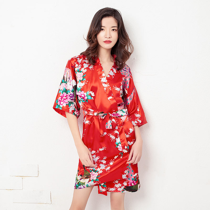 Cross-border summer new peacock pajamas women's AliExpress European and American bathrobe bridal morning gown women's silk-like nightgown