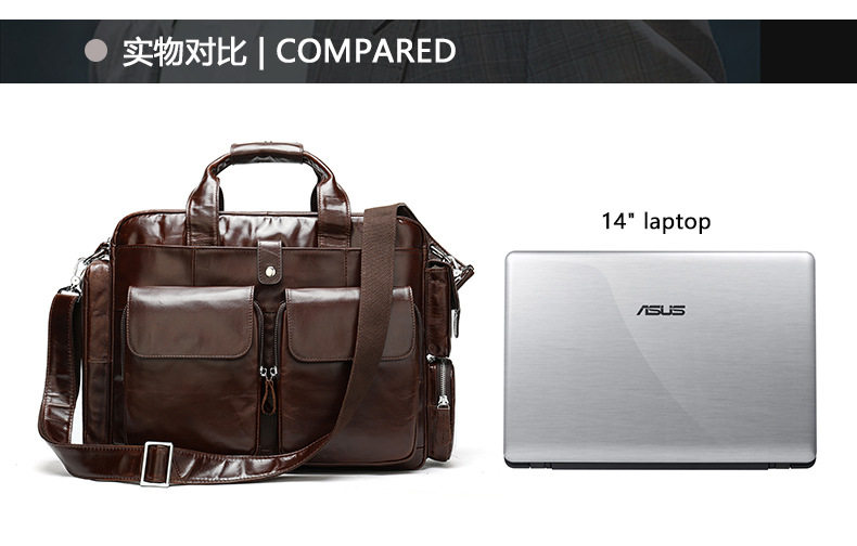 Túi xách công sở da thật da bò lớp đầu chống mài mòn, túi đeo vai nam đựng laptop 15 inch — Da ngựa điên màu cà phê chi tiết 30