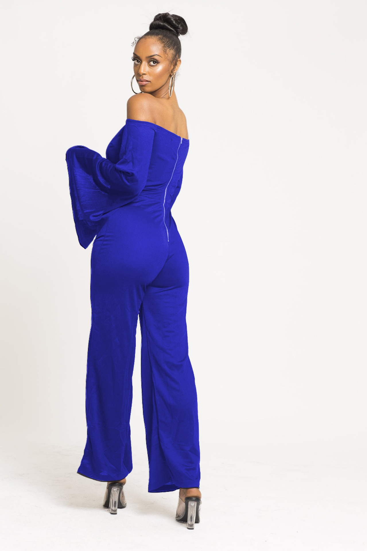 Boutique Casual Solid Color Long Sleeves Cropped off Shoulder Jumpsuit