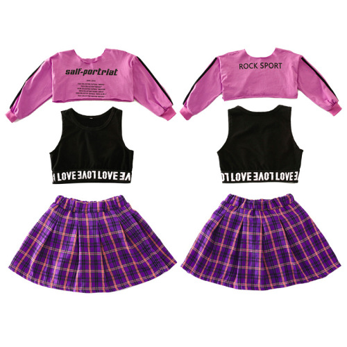 Girl purple plaid aerobics hip hop dance suits female jazz dance clothing trend that show Cheerleaders performance uniforms dance clothes performing