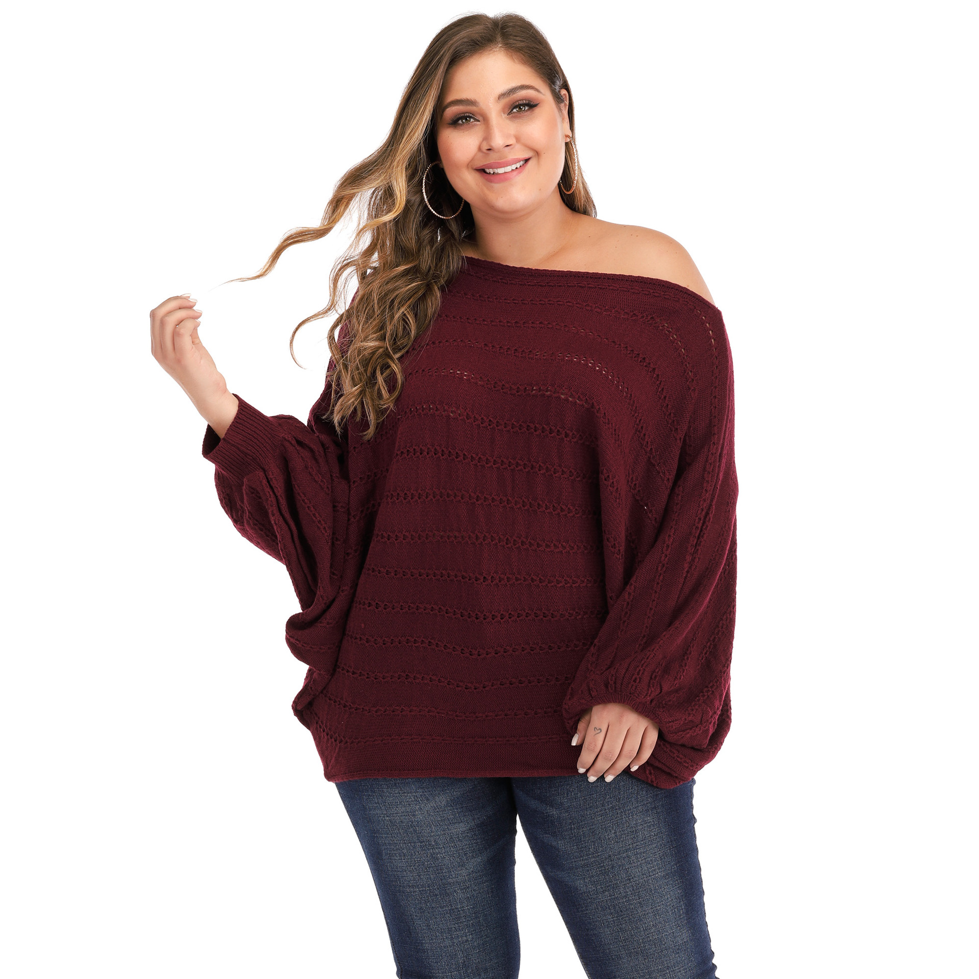 plus size bat-sleeved woven sweater  NSOY26830