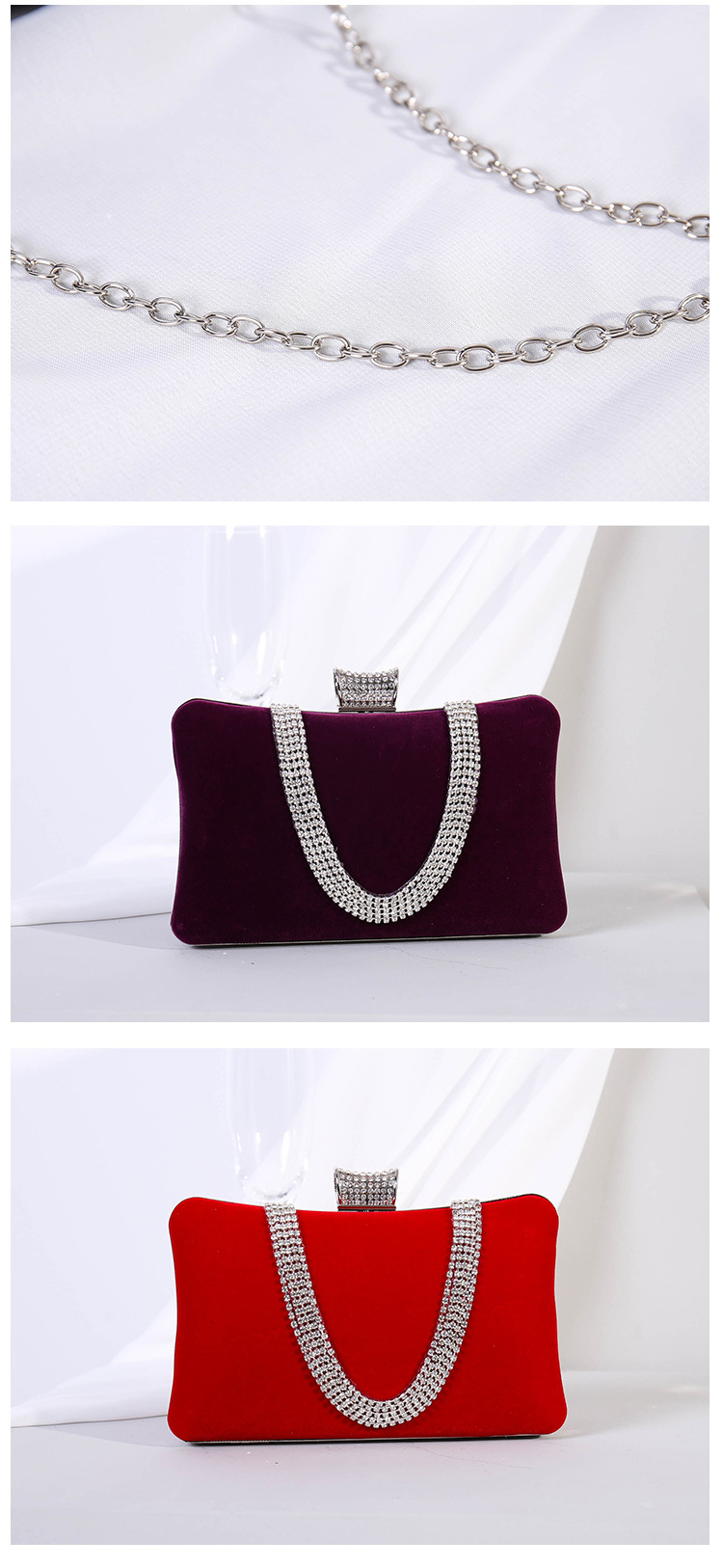 Red Purple Black Velvet Solid Color Pillow Shape Clutch Evening Bag display picture 3