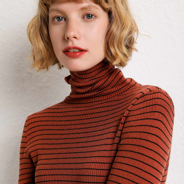 Stripe pile neck wool sweater women’s long sleeve slim cashmere base coat autumn and winter knitwear women’s new 2019