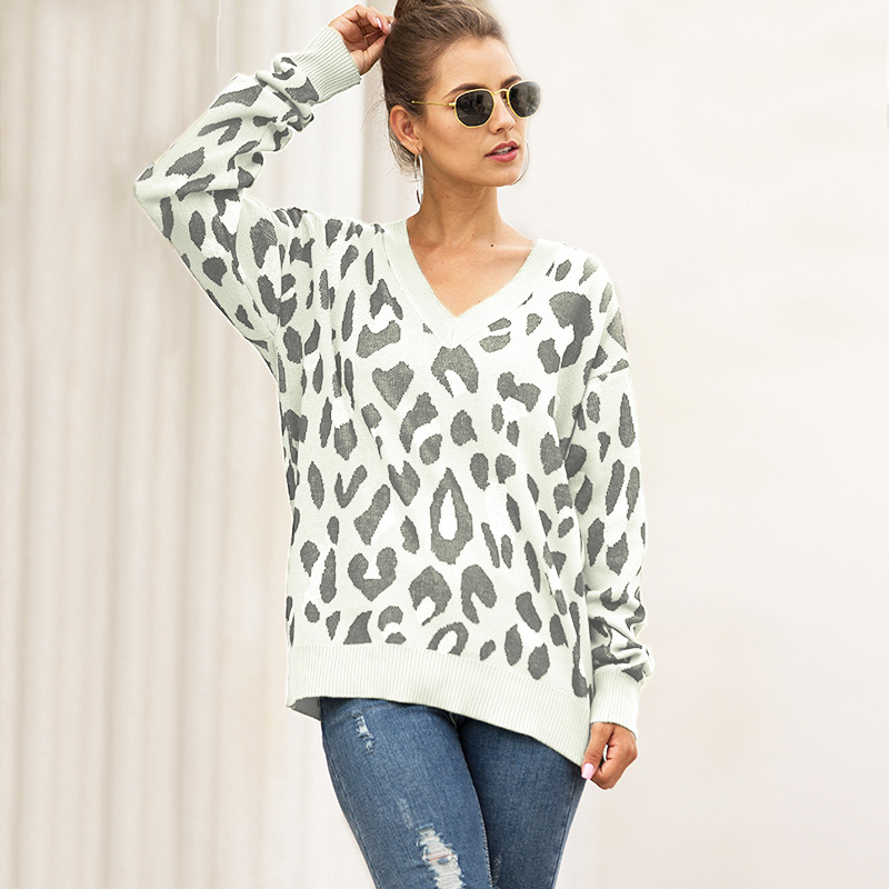 Leopard Print Jacquard V-neck Sweater nihaostyles clothing wholesale NSMMY83347