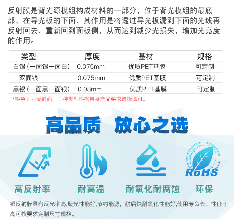 高反光反射率电话电视手机led背光源背光板0 075mm白黑双银反射膜 阿里巴巴