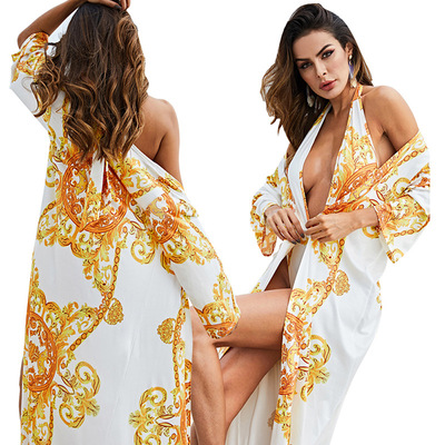 wish速卖通亚马逊跨境货源沙滩防晒性感印花披风+比基尼 分体泳衣|ru