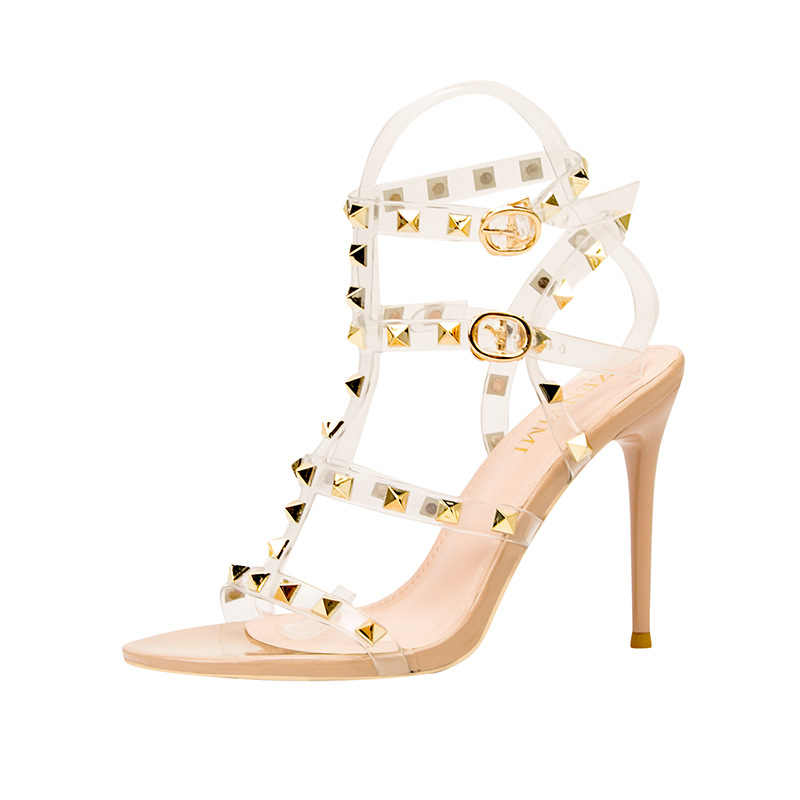 218-10 European and American wind sexy nightclub high-heeled shoes paint metal rivets sexy nightclub transparent sandals, Roman shoes