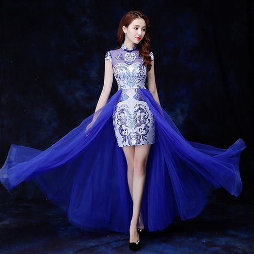 Royal blue Short evening party oriental qipao dress for women host catwalk singers show dress with tuxedo skirt  photos shooting miss etiquette cheongsam for woman