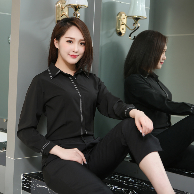 110#春季新款韩版女装长袖衬衫弹力防走光职业通勤OL黑色衬衣