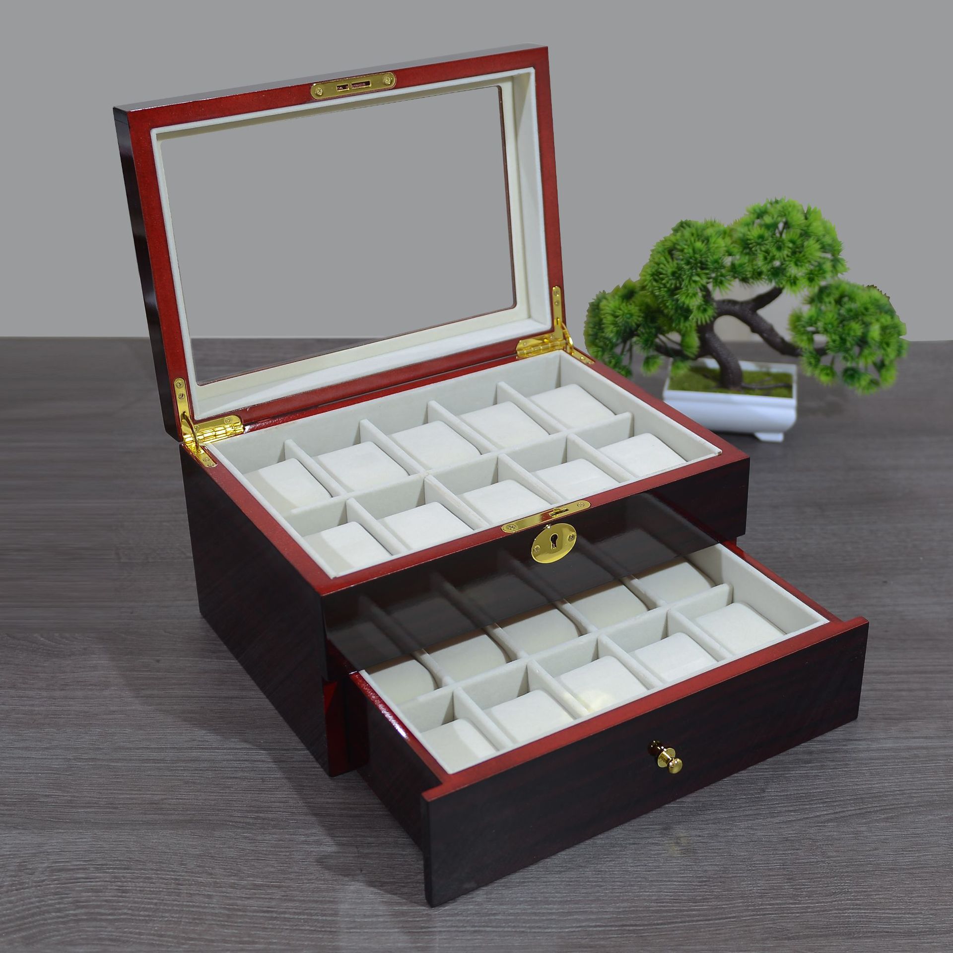 现货批发檀木纹双层手表盒木质带锁20位喷漆手表盒烤漆手表收纳盒