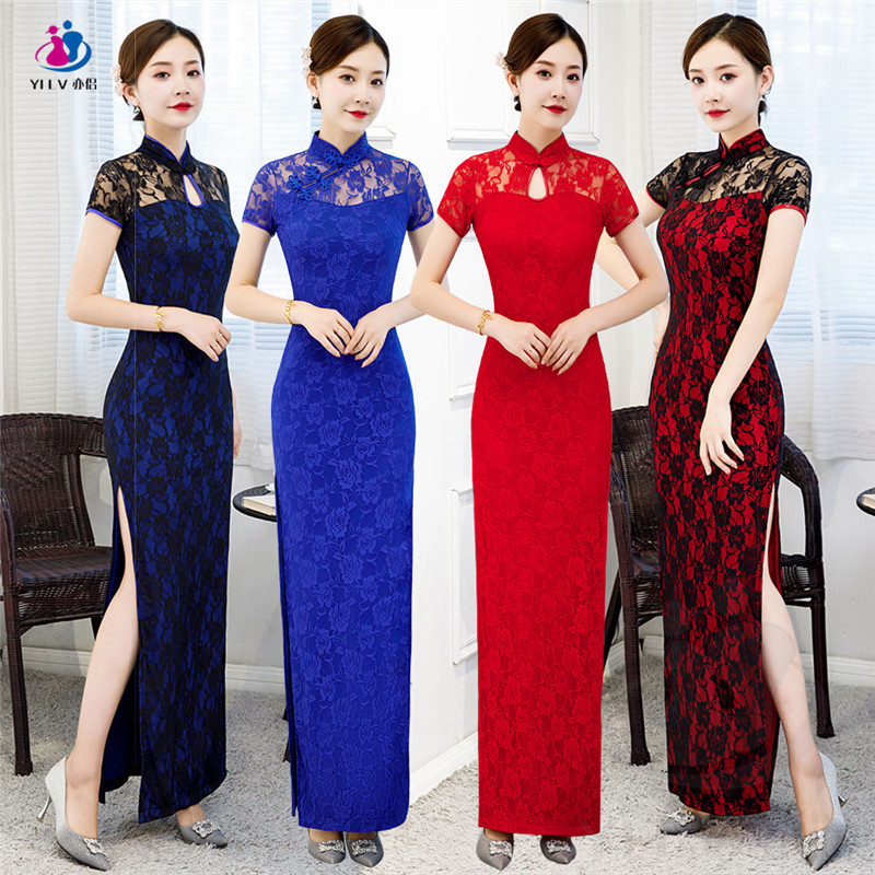 厂家批发走秀旗袍女2019夏长款短袖复古演出服妈妈大码改良连衣裙|ru