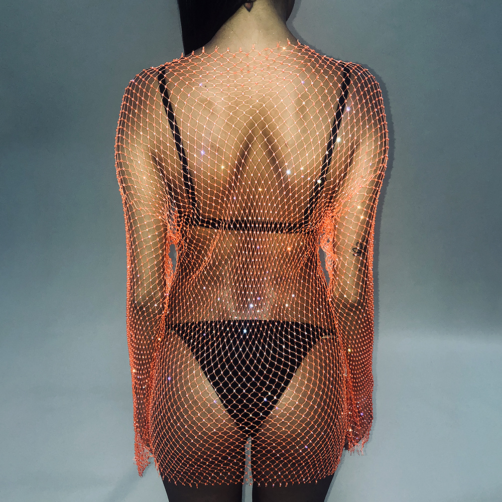 Long Sleeve Mesh Flash Diamond See-Through Dress NSYML109263