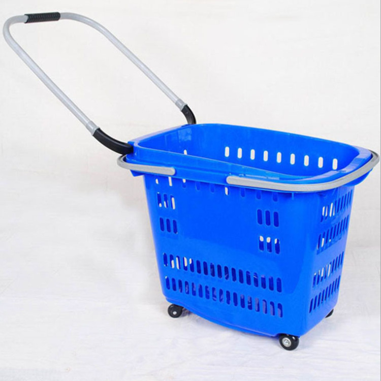 商场超市购物篮批发拉杆式提手两用带四轮子塑料购物车家用买菜篮|ms