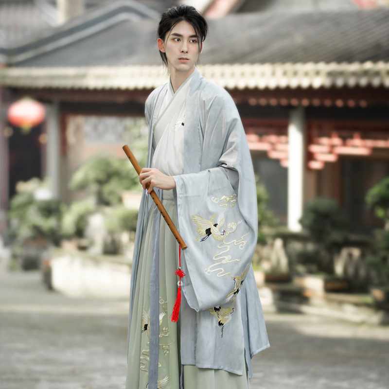 [He GUI men's]Original quality goods Hanfu Red-crowned crane heavy industry Embroidery Double-breasted Big sleeves lovers suit